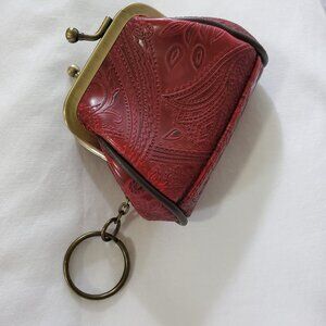 Vintage Burnt Red Embossed Faux Leather Kiss Lock Change Purse with Key Chain